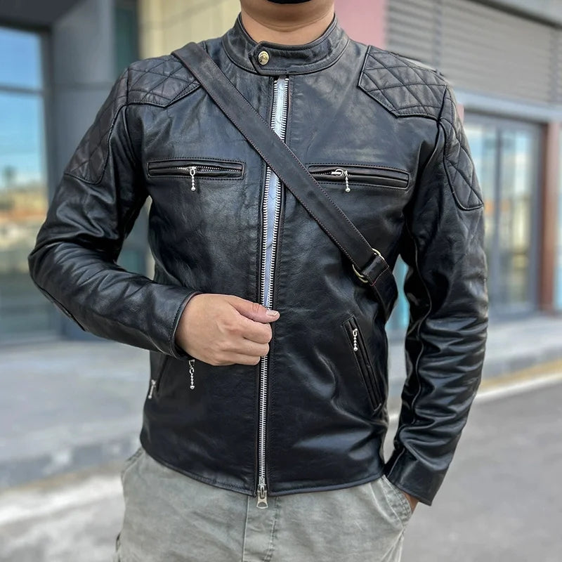 Black Winter Leather Jacket Men Vintage Style Plus Size 5XL Genuine Natural Cowhide Stand Collar Slim Fit Leather Coat