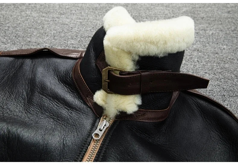 Men's Genuine Sheepskin Shearling Jacket A2 Flight Style Black Brown Fur Collar Winter Bomber Pilot Coat Thick Warm Jacket