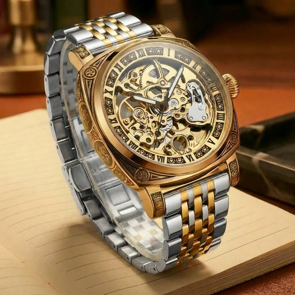 A men's fashion gentlemen's elegant pentagram rose gold and steel mechanical watch
