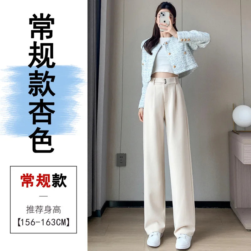 Thickened Fleece Lined Winter Wide Leg Pants High Waist Floor Length Straight Cut Casual Trousers for Women Woolen Suiting