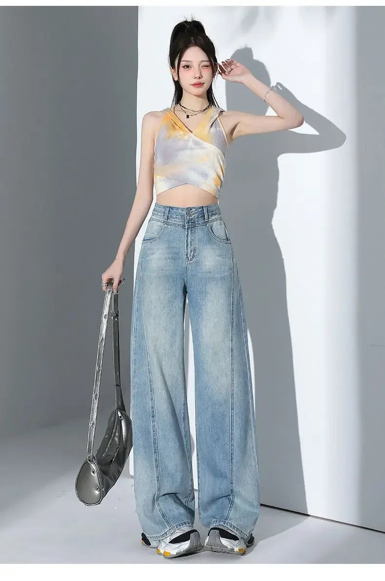 American Style High Waist Loose Women's Blue Jeans Retro Straight Leg Pants Drapey Floor-Length Trousers Versatile Wide Leg Pant
