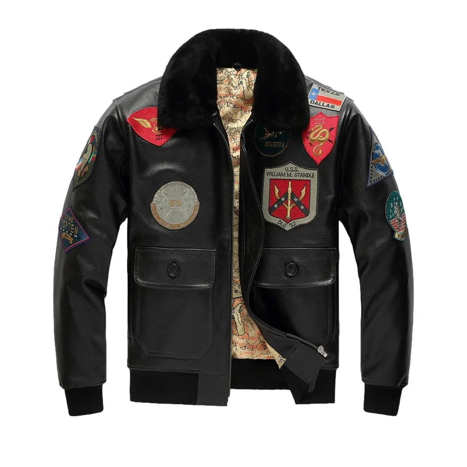 Black Winter Leather Jacket Men Retro Style Europe Size Genuine Natural Thick Cowhide Turn-Down Collar G1 Flight Coat