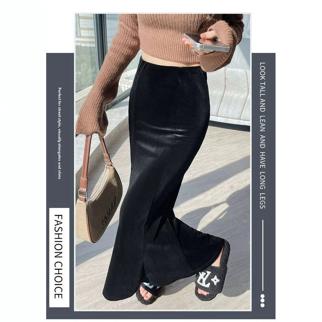 Elegant Long Velvet Skirt Women's High Waist Slim Fit Fish Tail Hem Draping Slimming Full Length Half Body Skirt