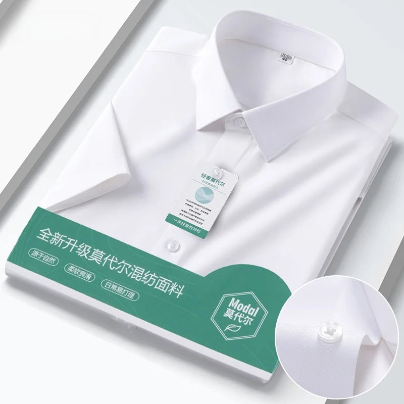 Iron-Free Ice Silk Modal Men's Business Style Slim Fit Short Sleeve Shirt Pure Color Breathable Comfortable Office Work Shirt