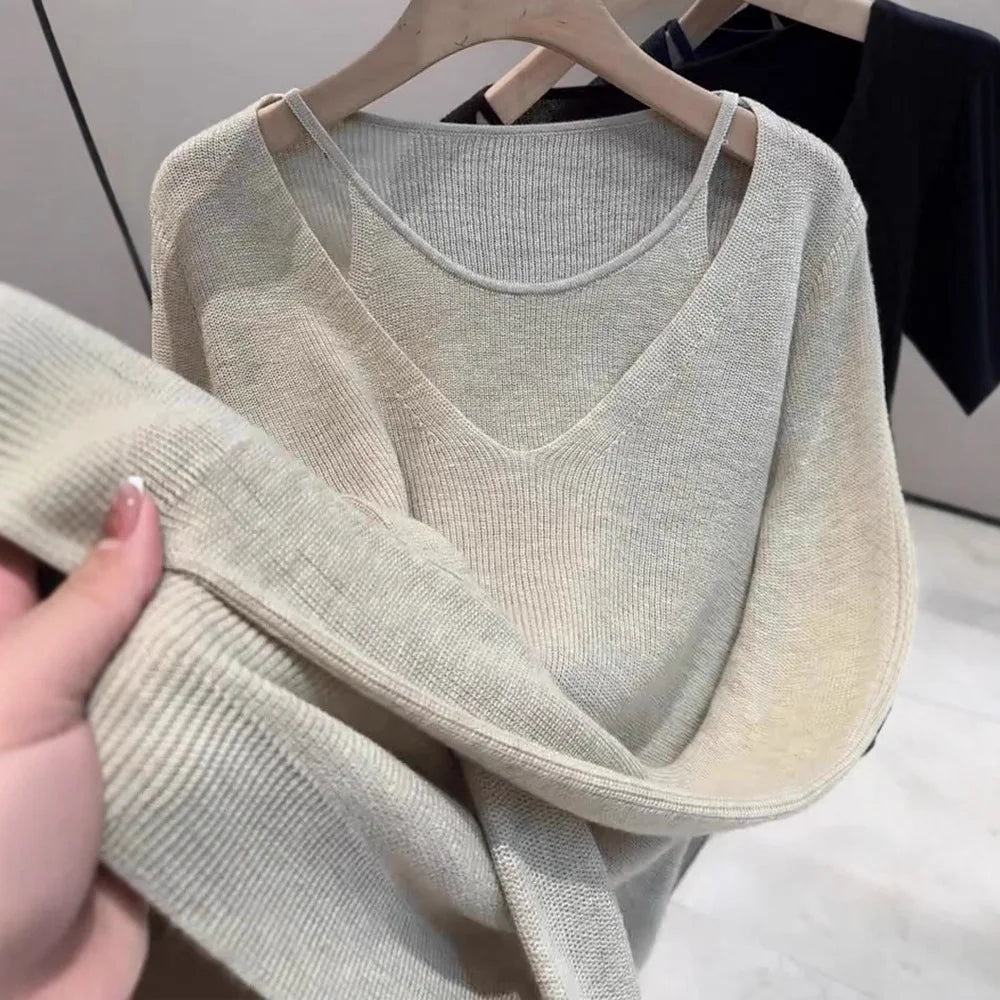 Ladies' Knitted Woolen Loose Fashionable Top Hollow out Fake Two-Piece Style Autumn New Arrival Comfortable Casual Korean Style