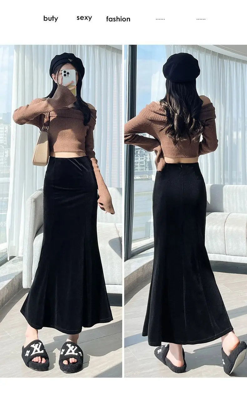 Elegant Long Velvet Skirt Women's High Waist Slim Fit Fish Tail Hem Draping Slimming Full Length Half Body Skirt