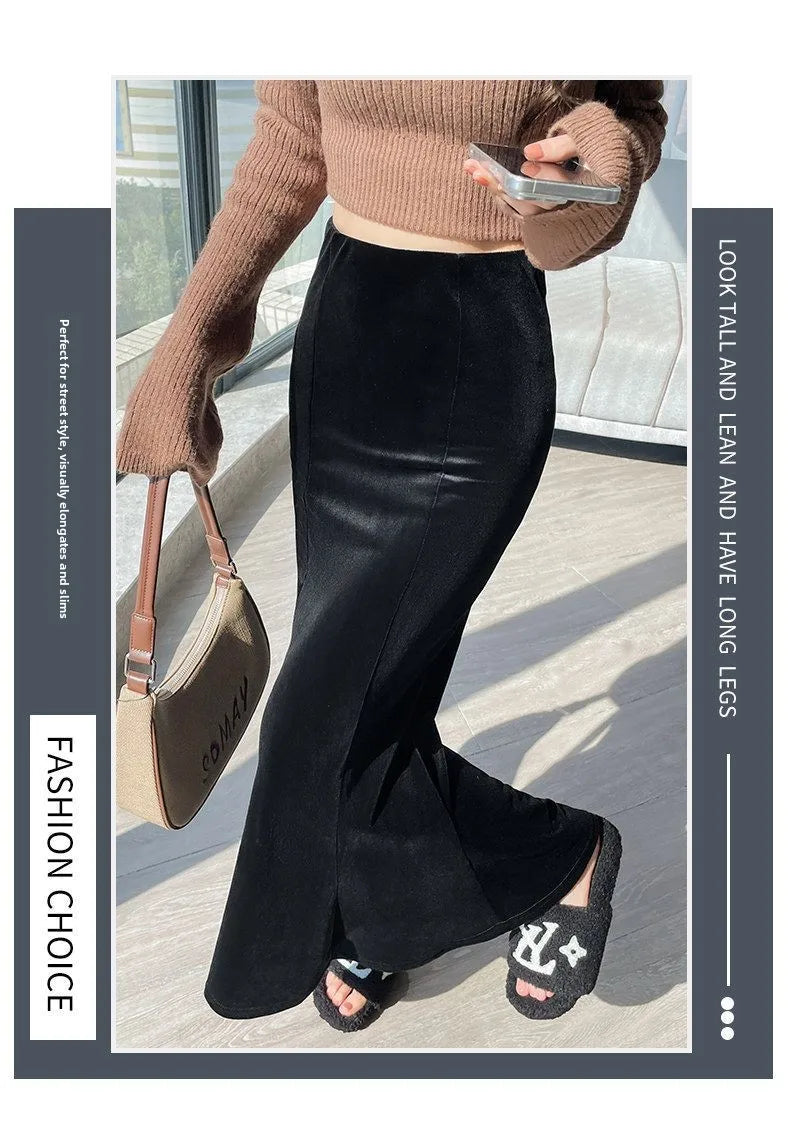 Elegant Long Velvet Skirt Women's High Waist Slim Fit Fish Tail Hem Draping Slimming Full Length Half Body Skirt
