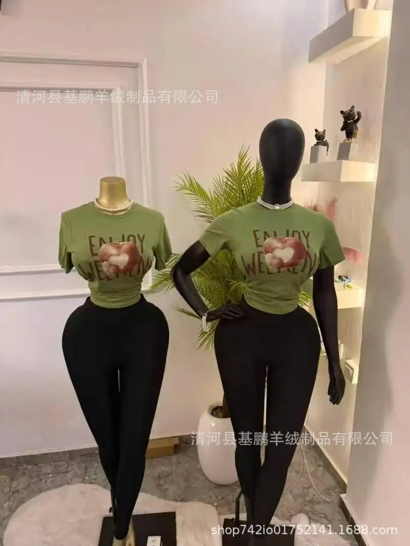 Loose Fit Embroidered Cotton T-Shirt Women's Shoulder Width round Neck Print Short Sleeve Cross-Border Half Sleeve Street Style