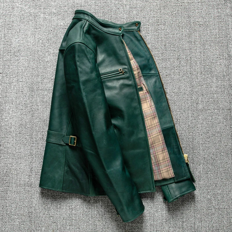 Green Winter Leather Jacket Men Vintage Style Plus Size 5XL Genuine Natural Thick Horsehide Stand Collar Slim Fit Leather Coat