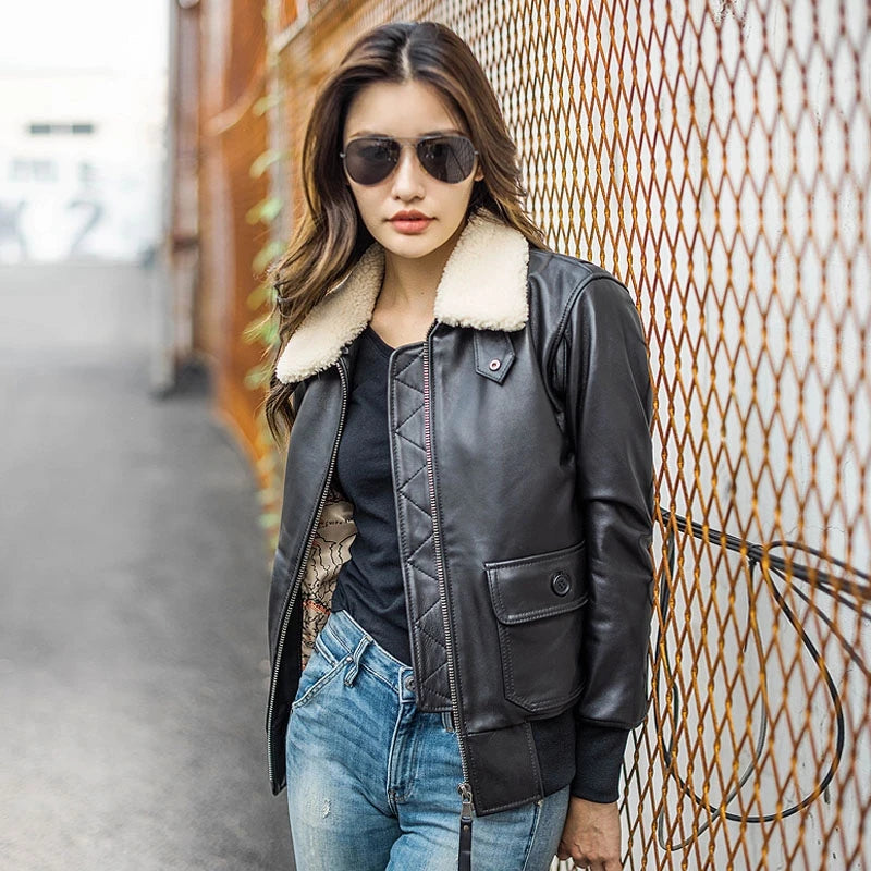 Black Winter Leather Jacket Women Military Style Plus Size 3XL Genuine Natural Thick Sheepskin Wool Collar Warm G1 Flgiht Coat