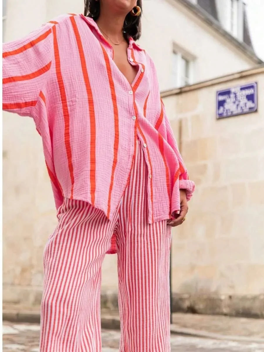 Women's Long Sleeve Button Cardigan Striped Shirt Slim Fit Polo Collar Full Length Autumn Winter New Style Cross Border Independ