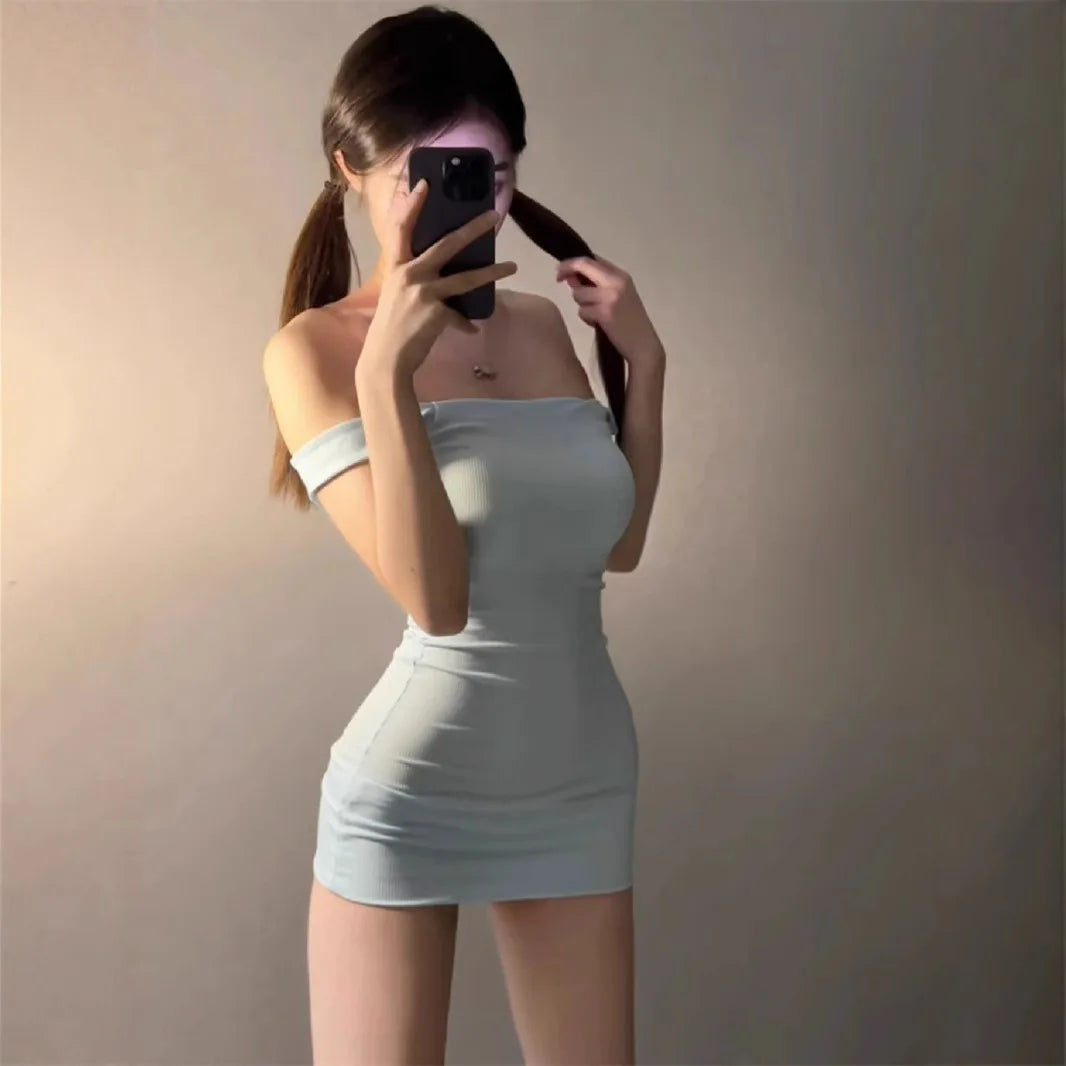 Sexy Korean Style One Shoulder Elastic Slim Fit Blue Skirt Short Dress High Waist Wrap around Bodycon Dress Ice Silk Material