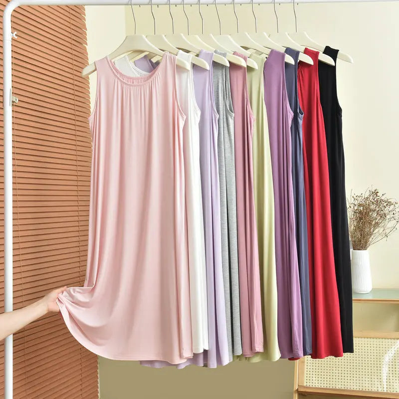 Loose Long Modal Dress Women's Summer Casual Home Clothes Outdoor Wear Vest Sleep Dress Straight Cut High Waist Midi Dress