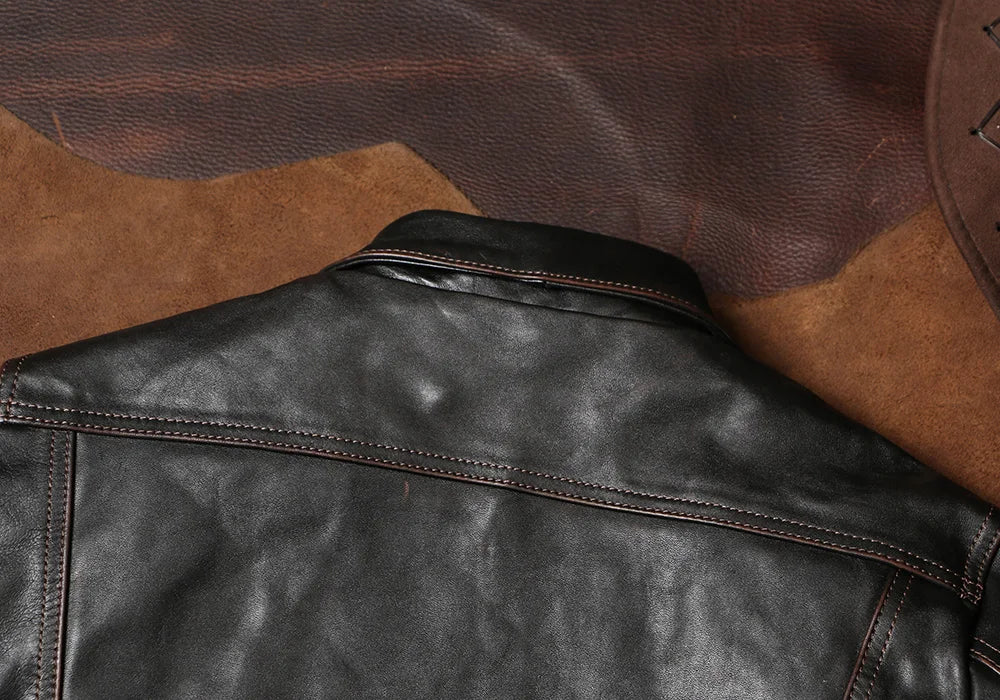 Black Autumn Leather Jacket Men Vintage Style Plus Size 5XL Genuine Natural Cowhide Turn-Down Collar Single Breasted Coat