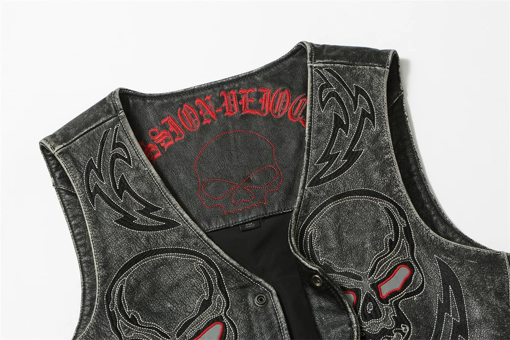 Black Spring Leather Vest Men Skull Embroidery Retro Style Plus Size 5XL Genuine Natural Cowhide Single Breasted Sleeveless Coat