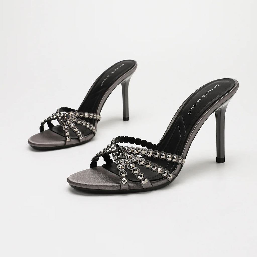 Fashionable Diamond Strap High Heels Sandals Women's Summer Party Shoes Fine Heel Versatile Elegant Ladies' Slip-On Slippers