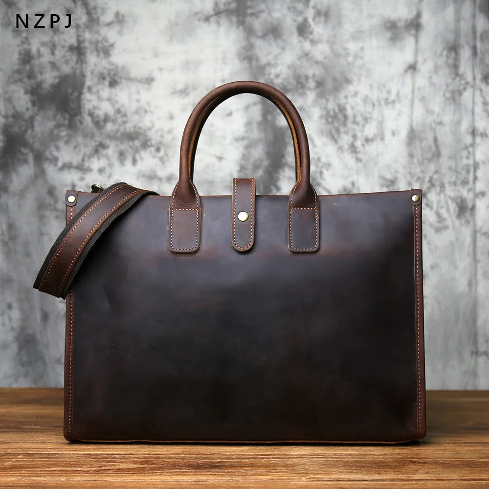 NZPJ Vintage Genuine Leather Men's Briefcase Natural Cowhide Handbag Crazy Horse Leather Computer Bag Casual Crossbody