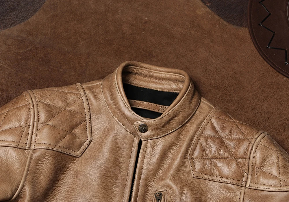 Light Brown Winter Leather Jacket Men Sprots Style Plus Size 5XL Genuine Natural Thick Cowhide Stand Collar Slim Leather Coat