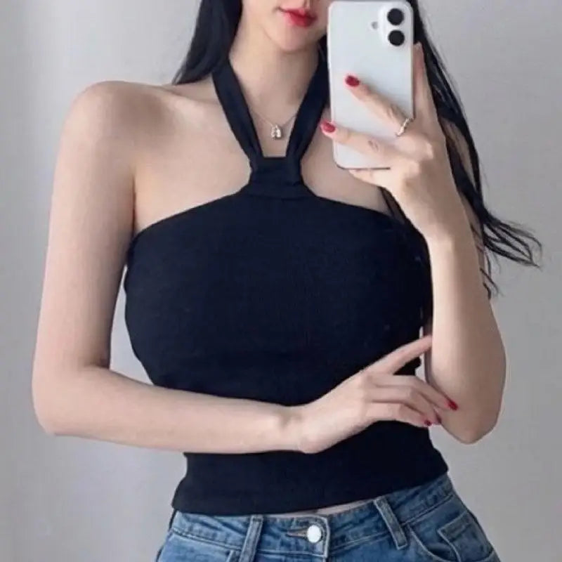 Korean Dongdaemun New Style Slim Fit Shoulder Baring Vest Top Pure Color Short Sleeveless Sexy Body Shaping Cotton T-Shirt