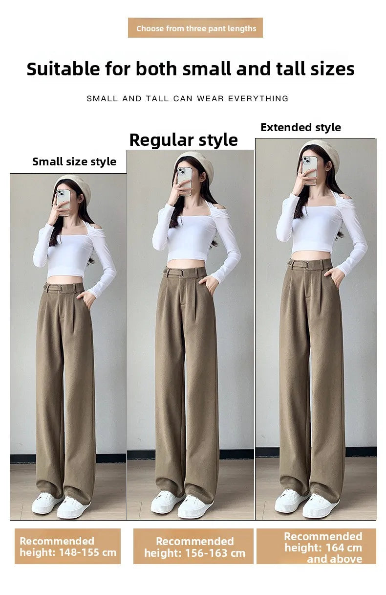Thickened Fleece Lined Winter Wide Leg Pants High Waist Floor Length Straight Cut Casual Trousers for Women Woolen Suiting