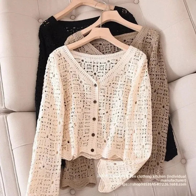 Elegant Black V-neck Long Sleeve Knitted Open Cardigan Women's Hollow out Embroidery Minimalist Versatile Item Summer Thin