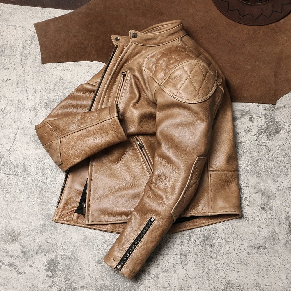Light Brown Winter Leather Jacket Men Sprots Style Plus Size 5XL Genuine Natural Thick Cowhide Stand Collar Slim Leather Coat