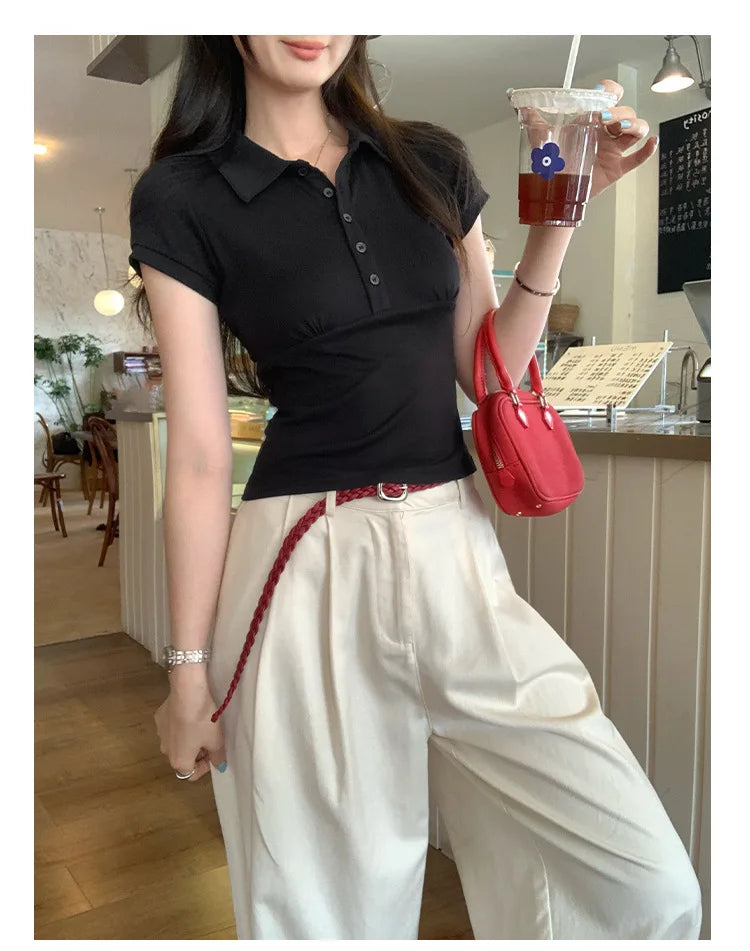 American Style Collared Short Sleeve T-Shirt Women Summer Slim Fit Flattering Short Length Fashionable Casual Commute Wear