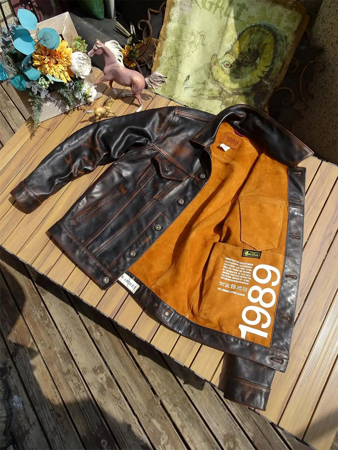 Retro Black Spring Leather Jacket Men Vintage Style American Size Genuine Natural Horsehide Single Breasted Denim Leather Coat
