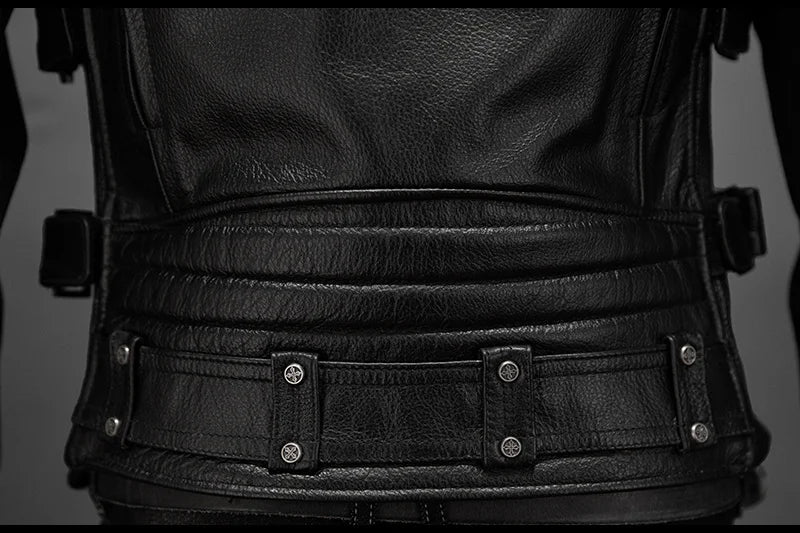 Men Red Brown Leather Biker Vest Vintage Distressed Asymmetrical Zip Sleeveless Jacket Punk Rock Studded Multi-Pocket Waistcoat