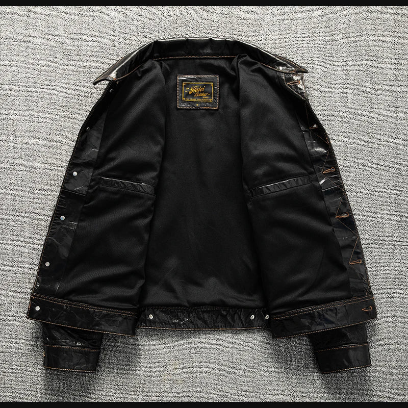 Black Autumn Leather Jacket Men Retro Style Plus Size 5XL Genuine Natural Sheepskin Turn-Down Collar Single Breasted Denim Coat