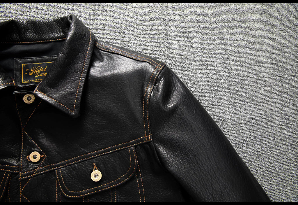 Men's Genuine Sheepskin Leather Trucker Jacket Black Type III Denim Cut Cream Contrast Stitch Brass Snap Short Casual Coat