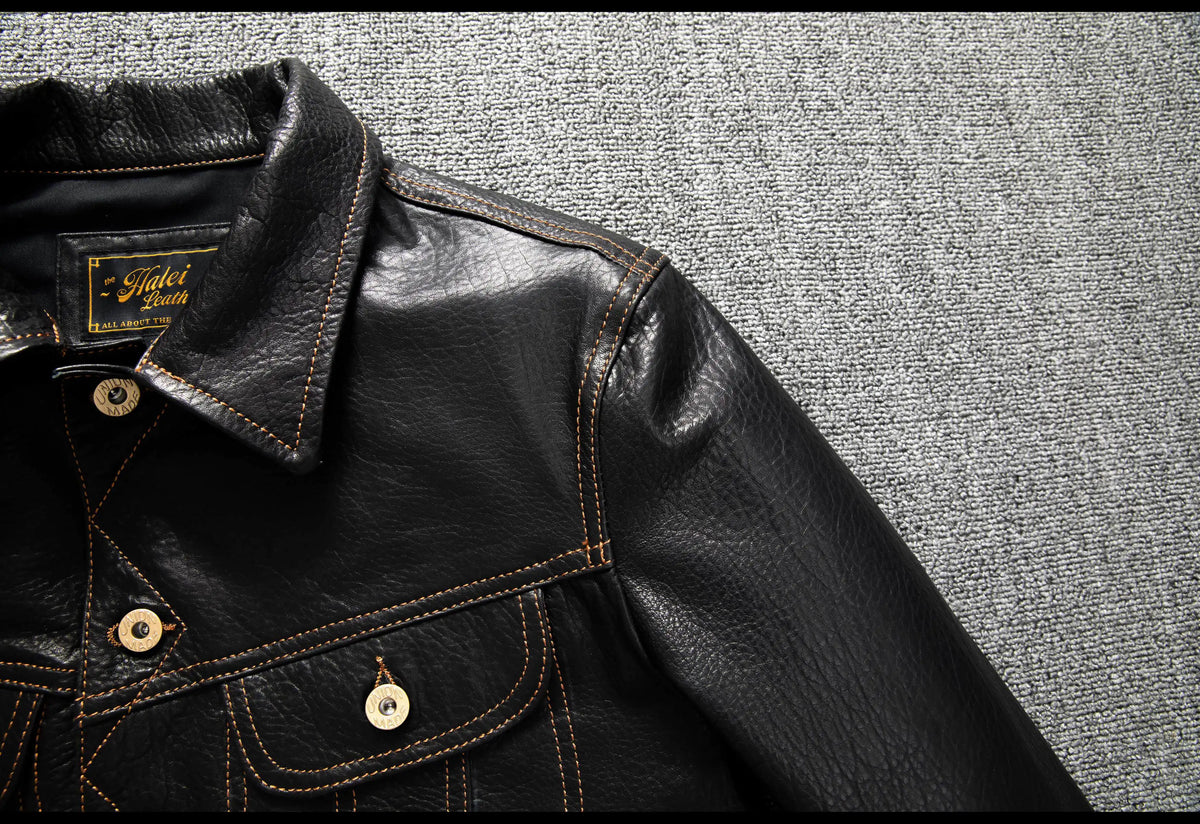 Men's Genuine Sheepskin Leather Trucker Jacket Black Type III Denim Cut Cream Contrast Stitch Brass Snap Short Casual Coat