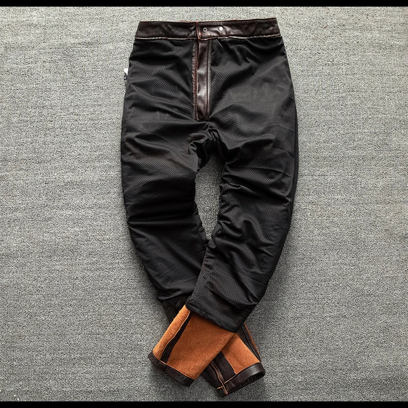 Red Brown Long Winter Leather Trousers Men Vintage Style Plus Size 5XL Genuine Natural Cowhide Motorcycle Leather Pants