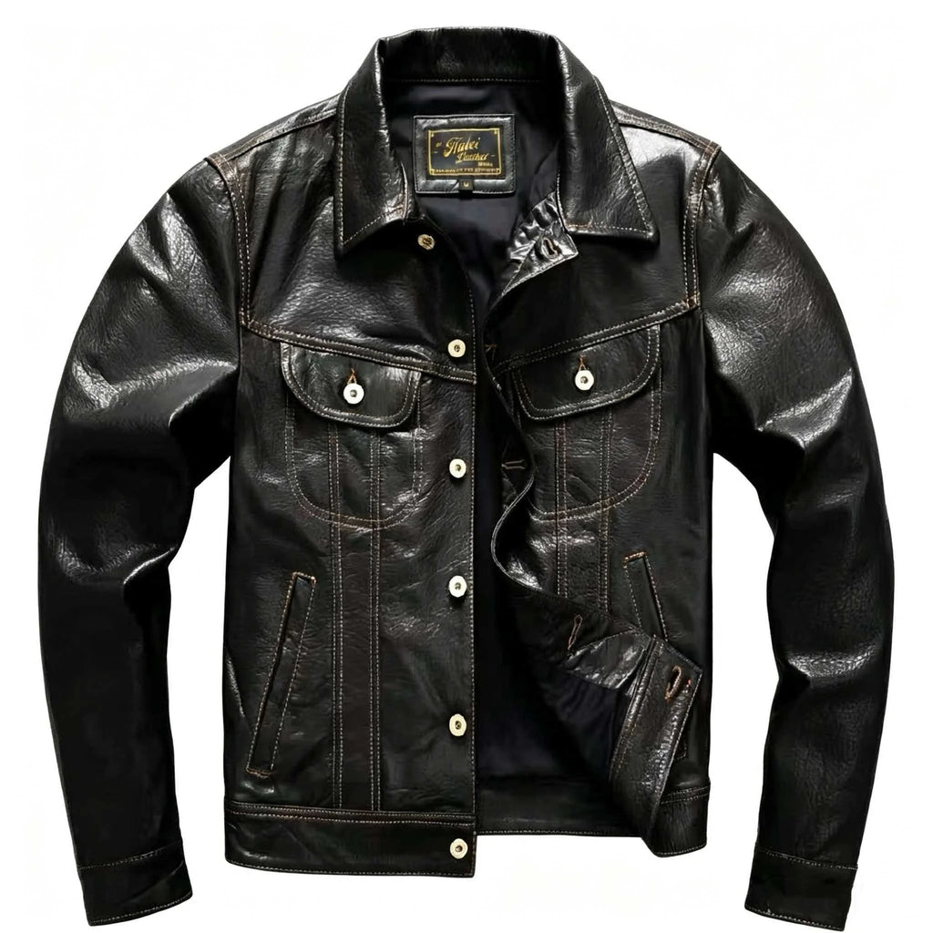 Men's Genuine Sheepskin Leather Trucker Jacket Black Type III Denim Cut Cream Contrast Stitch Brass Snap Short Casual Coat