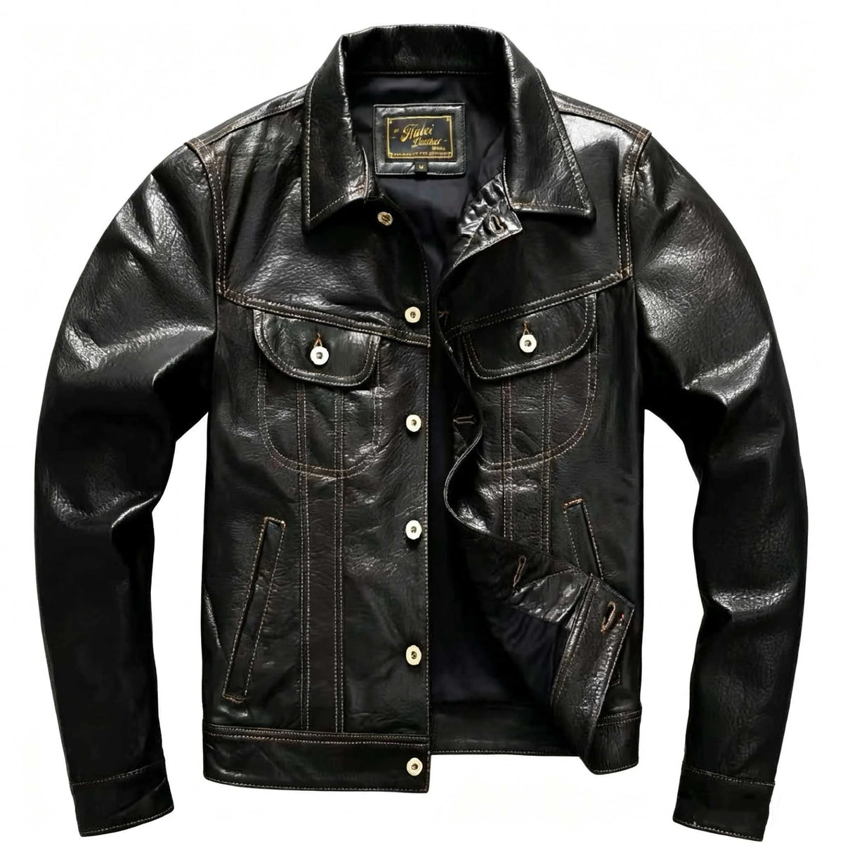 Men's Genuine Sheepskin Leather Trucker Jacket Black Type III Denim Cut Cream Contrast Stitch Brass Snap Short Casual Coat