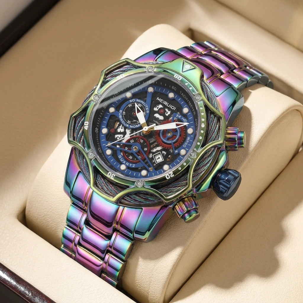 1pc Iridescent Color Changing Metal Strap Watch Mechanical Hollow Dial Chronograph Fashion Trendy Wristwatch For Men Women Daily