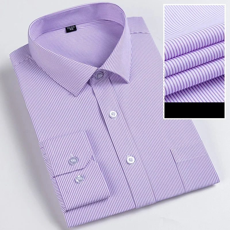 Men Formal Shirt Long Sleeve Office Solid Color Striped Fashion Business Pocket White Social Shirt Men's Clothing 5XL 6XL