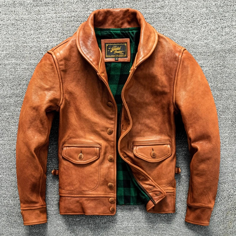 Orange Spring Leather Jacket Men Japan Casual Style Plus Size 5XL Natural Sheepskin Single Breasted Short Genuine Leather Coat