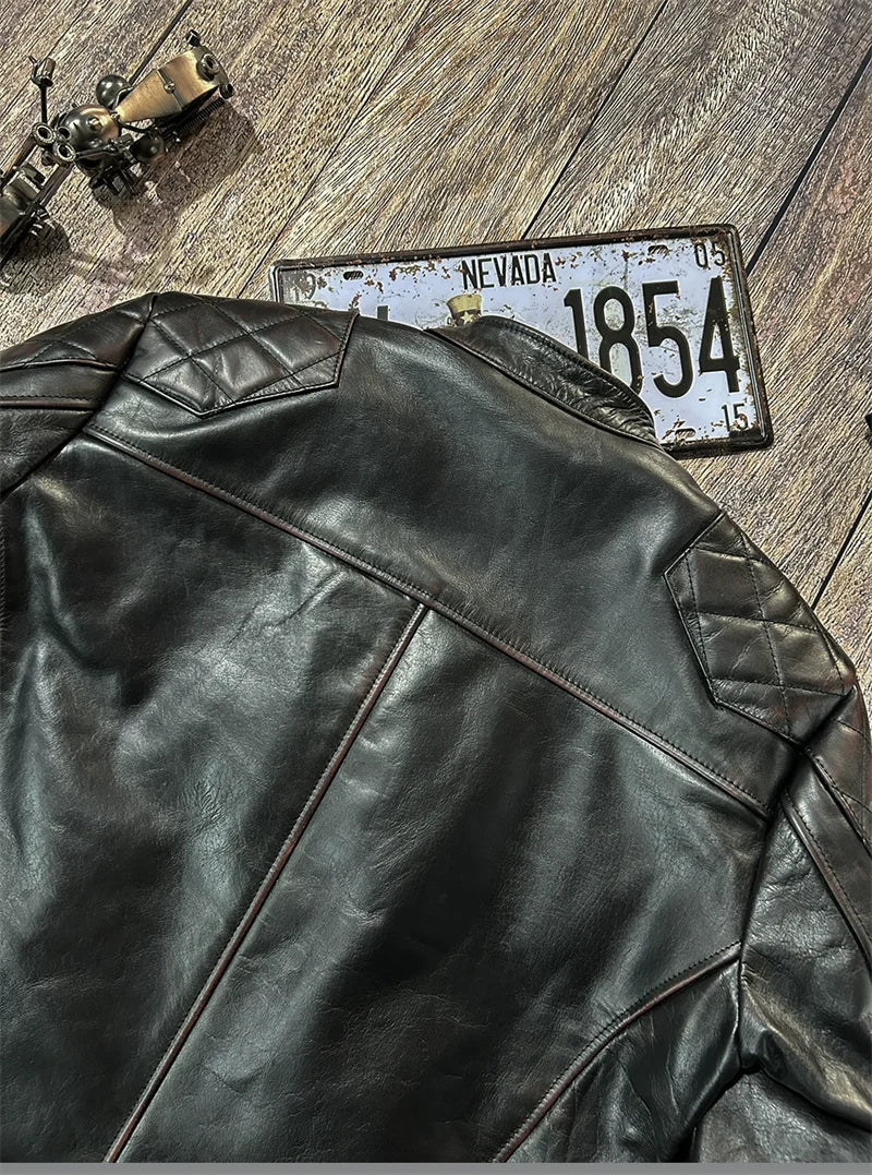 Black Winter Leather Jacket Men Vintage Style Plus Size 5XL Genuine Natural Cowhide Stand Collar Slim Fit Leather Coat