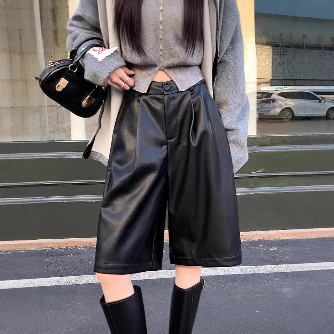High Waist Loose Casual PU Leather Short Boot Pants Women's Autumn Winter A-Line Five-Quarter Pants Small Size Wide Leg Pants
