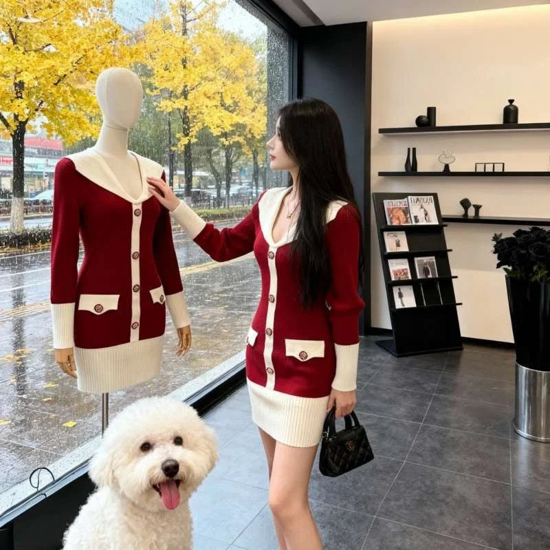 Elegant Knitted Wrap Dress Hepburn Style High Collar Button Slim Fit mid Length Polyester Fabric Commute Style Long Sleeve
