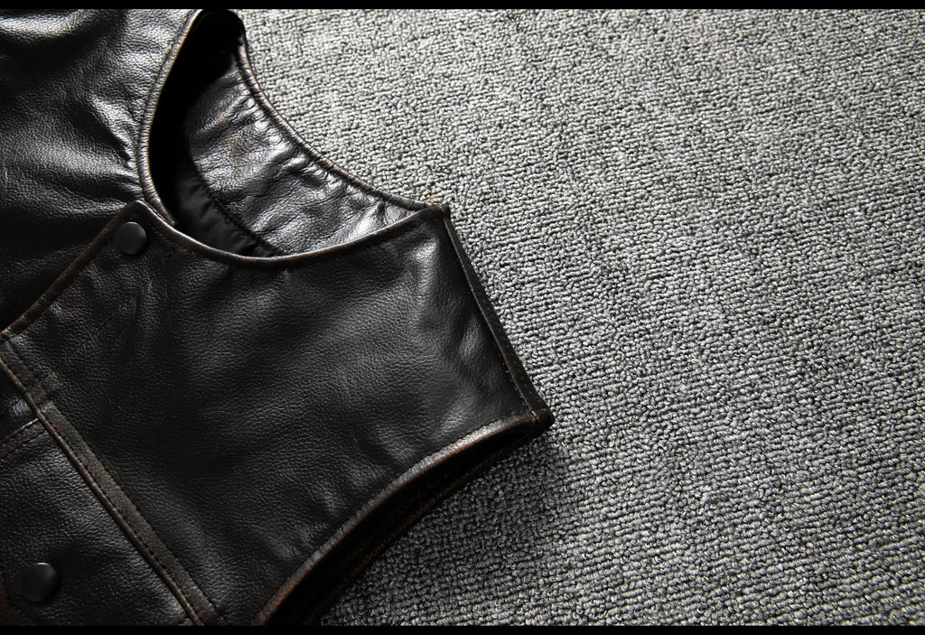 Red Brown Spring Leather Vest Men Retro Style Plus Size 6XL Genuine Natural Cowhide O-Neck Collar Slim Fit Short Sleeveless Coat