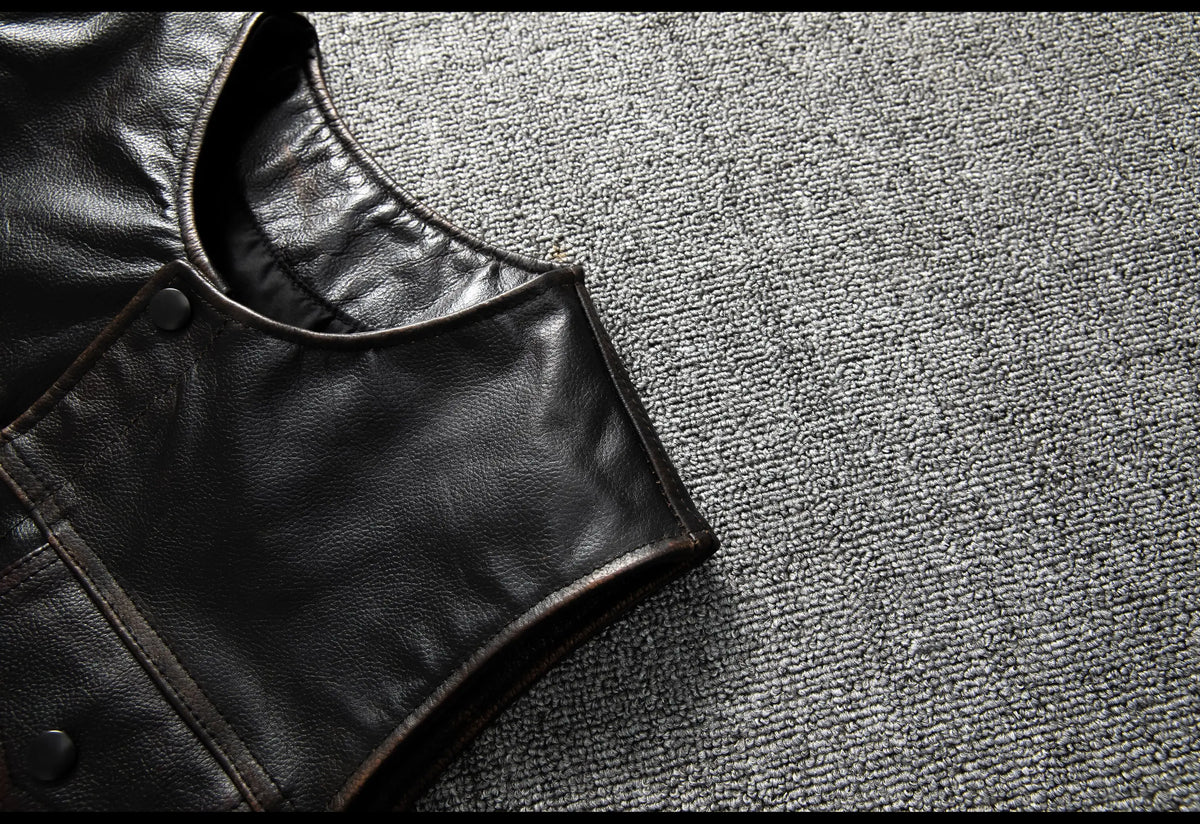 Red Brown Spring Leather Vest Men Retro Style Plus Size 6XL Genuine Natural Cowhide O-Neck Collar Slim Fit Short Sleeveless Coat