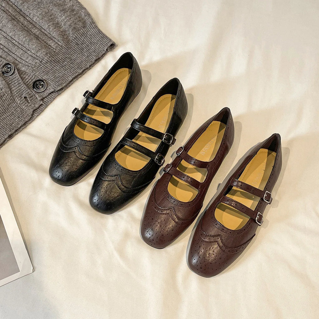 French Style Double Buckle Mary Jane Shoes Women's plus Size Flat Bottom Leather Version Beautiful Carving Spring Summer Autumn