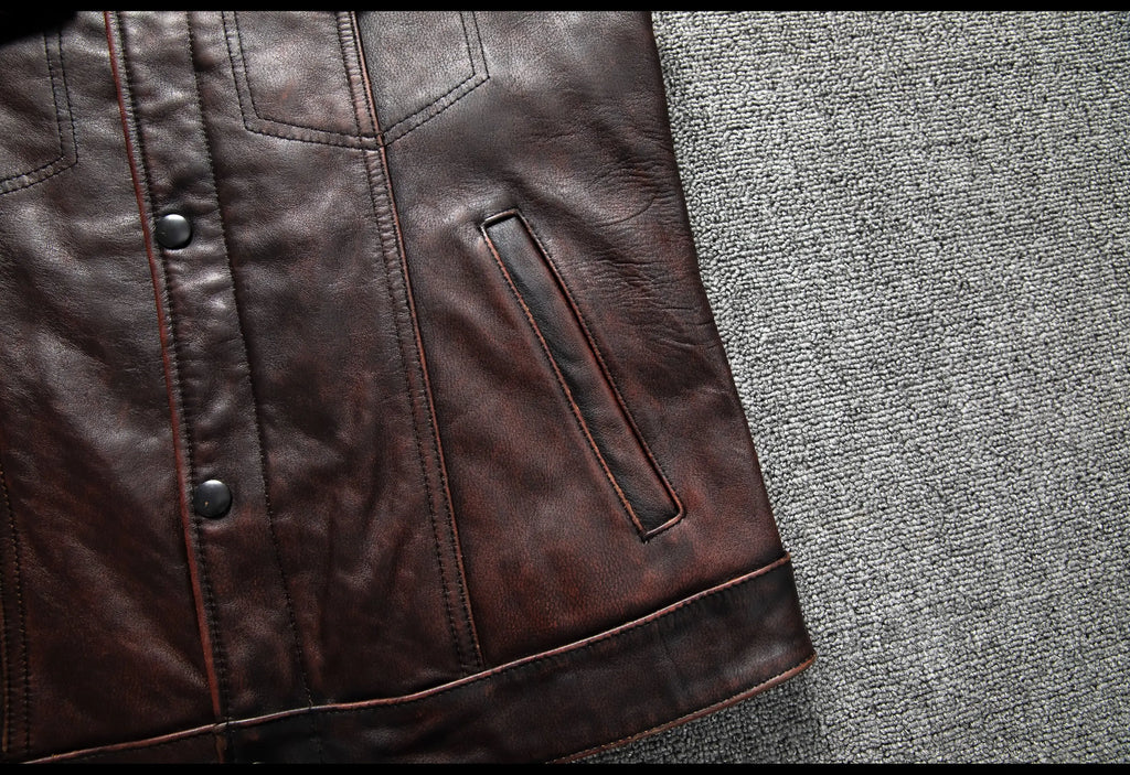 Red Brown Spring Leather Vest Men Retro Style Plus Size 6XL Genuine Natural Cowhide O-Neck Collar Slim Fit Short Sleeveless Coat