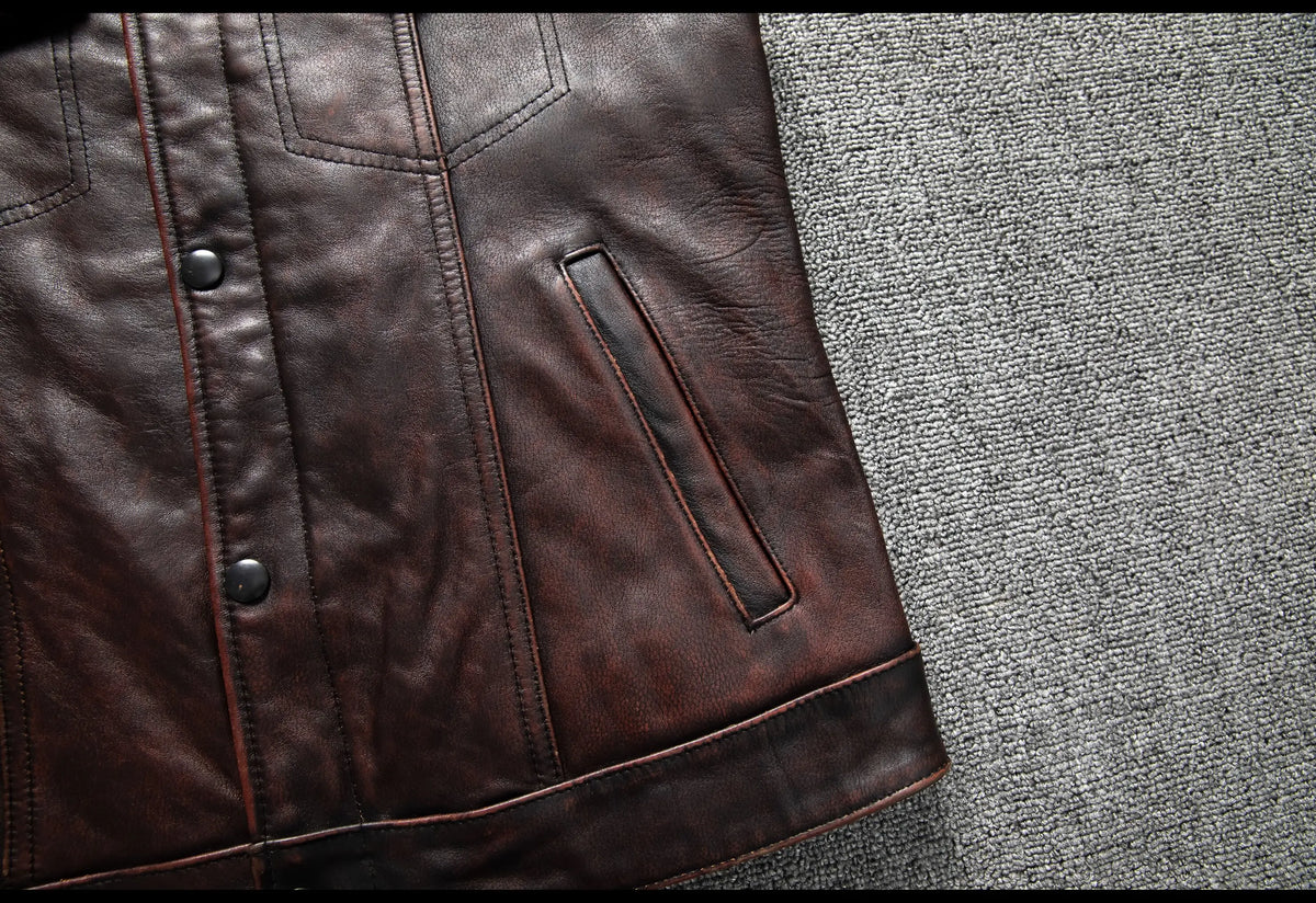 Red Brown Spring Leather Vest Men Retro Style Plus Size 6XL Genuine Natural Cowhide O-Neck Collar Slim Fit Short Sleeveless Coat