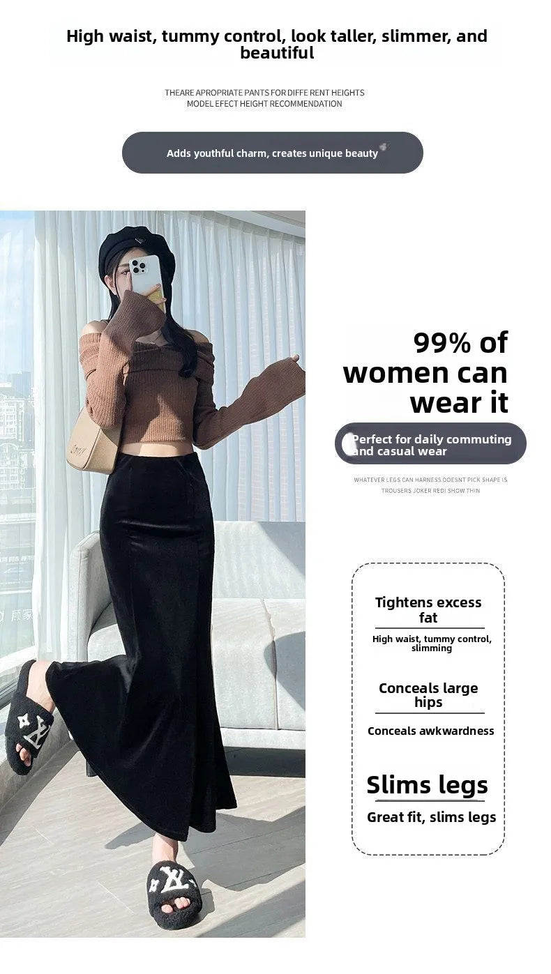 Elegant Long Velvet Skirt Women's High Waist Slim Fit Fish Tail Hem Draping Slimming Full Length Half Body Skirt