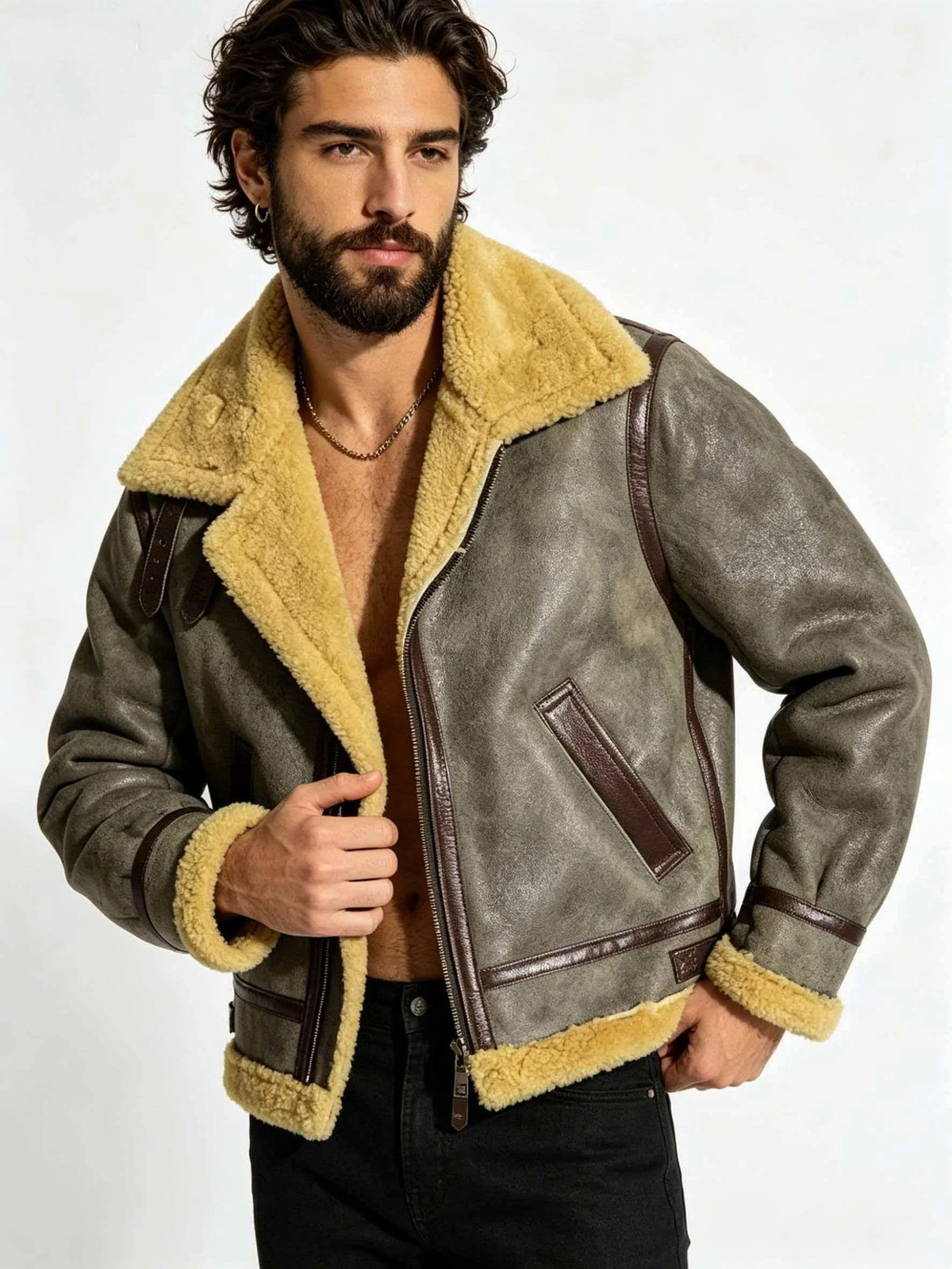 Dark Green Winter Shearling Jacket Men Retro Style Plus Size 5XL Genuine Natural Thick Sheepskin Turn-Down Collar B3 Flight Coat