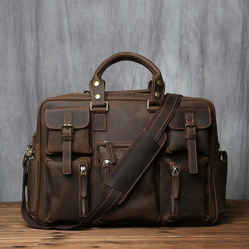 Retro Men's Leather Handbag Top Layer Cowhide Briefcase Large Capacity Travel Bag Crazy Horse Leather Laptop Shoulder Bag NZPJ