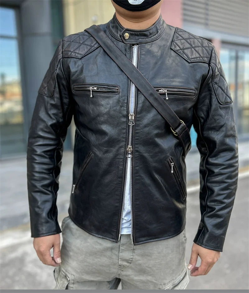 Black Winter Leather Jacket Men Vintage Style Plus Size 5XL Genuine Natural Cowhide Stand Collar Slim Fit Leather Coat